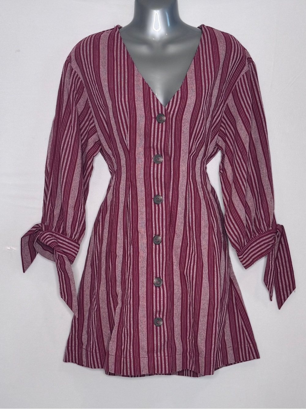 Umgee Burgundy Striped Boho Mini Dress Size Small Tie Sleeve Boutique